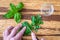 Womanâ€™s hands chopping fresh basil with a paring knife on a rustic grove bamboo cutting board, small glass bowl