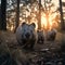 Wombat family in the forest with setting sun shining.