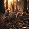 Wombat family in the forest with setting sun shining.
