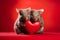 Wombats holding large red heart in front of studio background