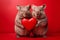 Wombats holding red heart in front of studio background