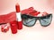 Women accessories red gloves sunglasses lipstick