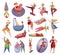 Women activities set. Young women doing sports, yoga, relaxing, walking, sunbathing, singing vector illustration