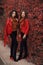 Women autumn clothes set. Two Young beautiful brunette twins in