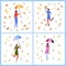 Women in Autumn Clothing Vector Illustrations Set