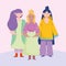 Women avatars cartoons with purple black and blond hair vector design