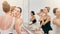Women, ballet dancer and makeup cosmetics in studio mirror for theatre, stage and theater performance. Friends