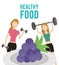 Women with barbell dumbbell and grapes health food