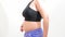 Women belly fat, postpartum belly front view video. Weight loss process. Fatty woman hands holding excessive tummy fat