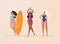Women in bikini on a beach. Funny cartoon characters. Beach summer travel lifestyle poster in retro style