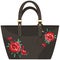 Women black bag with red frowers vector icon isolated on white background, stylish handbag