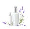 Women care cosmetic in beautiful bottles over white background. Lavender cream and oil. Moisturizer with Vitamins and
