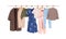 Women clothes hanging on hanger rail. Casual female wardrobe, feminine wearing on rack. Modern apparel, garments row for