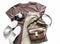 Women clothing. Brown t-shirt, cotton joggers jeans, white sneakers, leather cross body bag and camera on a light background, top