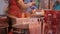 Women cooking street food and folding napkins preparing to service customers