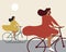 Women cycling, flat vector stock illustration with cyclists friends and riding a bike in dress