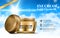Women Day Cream for Eye and Face Elegant Bottle Mockup. Dazzling Blue Sky Background. Luxury Gold Contained Gloss Effect.