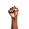 Women day, female raised fist isolated on white transparent background. Feminist movement concept