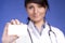 Women Doctor holding blank card