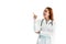 Women doctor pointed her finger and looking at beside and with stethoscope on white isolated background. Medical and Healthcare