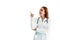 Women doctor pointed her finger and looking at beside and with stethoscope on white isolated background. Medical and Healthcare co