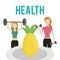 Women with dumbbell barbell and pineapple health food