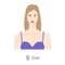 Women face oval shape type with text diagram. Female Vector illustration in cartoon style in the purple dress 9 head