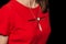 Women fashion clothing style close-up red dress slit chest brooch cross around neck
