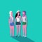 Women friends different hair style standing together female cartoon character full length flat