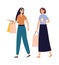 Women friends shopping together. Girls talking and walking with shopping bags and drinking coffee in paper cup