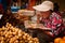 Women fruit sellers was having lunch in the market.