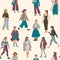 Women and girls teens walking. Set of different women. Seamless pattern design. Vector illustration for paper presents