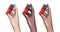 Women hand holding nail polish bottle, manicre artist illustration. Beauty salon clipart vector , nail cover remover, base coat,