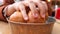 women hand pick baked bun on table