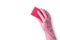 Women hand with pink rubber glove cleaning white surface with sponge