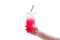 Women handle holding ice water italian soda red in plastic cup