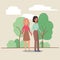 Women holding hands trees shrubs and clouds vector design