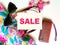 Women holiday  beach accessories summer  big sale season  handbag sunglass wallet colorful red green lilac background