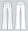 Women Jeans Pants technical fashion illustration. Pants fashion flat technical drawing template, high waist, flared bottom