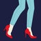 Women legs and feet with stylish colorful footwear bright shoes. Flat design style.