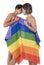 Women in love with lesbian rainbow flag