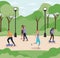 Women and men cartoons running and on skateboard at park with lamps vector design