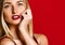 women model girl in love Valentine`s Day with a red lips stunning amazing blue eyes