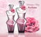 Women perfume bottle delicate rose fragrance. Realistic Vector Product packaging designs mock up floral backgrounds