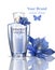 Women perfume bottle lily flower fragrance. Realistic Vector Product packaging designs mock up