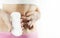 Women Period Product. Closeup Of Beautiful Fit Slim Female Body In White Underwear Holding Sanitary Napkin, Towel In Hand. Woman