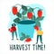 Women picking strawberries vector illustration in flat style. Harvest Time quote. Harvesting, agritourism concept