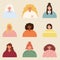 Women portraits set. Multi-ethnic girls avatars. Female vector illustration.