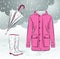 Women rain boots, jacket and umbrella with floral pattern