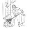 Women raking leaves in a park. Coloring page
